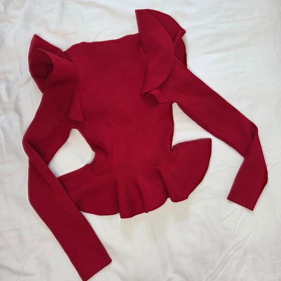 Express Ribbed Sweetheart Neckline Ruffle Peplum Sweater Size S - Picture 7 of 8